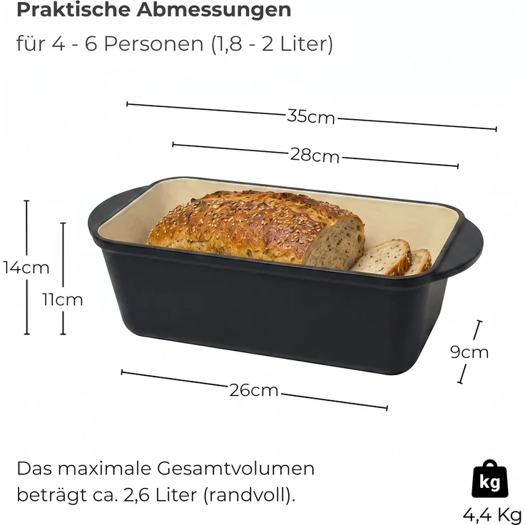 osoltus Brotback Kastenform Set Gusseisen Topf 29cm 2,6 Liter Emaille schwarz – Bild 3