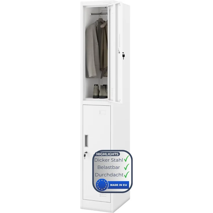 Umkleideschrank Spind TOKIO - 2 Abteile, Etikettenhalter Lüftungsschlitze | Umkleidespind Schließfachschrank Garderobenspind, 185 x 31,7 x 45 cm Weiß – Bild 1