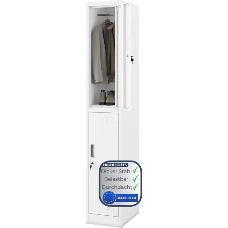 Umkleideschrank Spind TOKIO - 2 Abteile, Etikettenhalter Lüftungsschlitze | Umkleidespind Schließfachschrank Garderobenspind, 185 x 31,7 x 45 cm Weiß