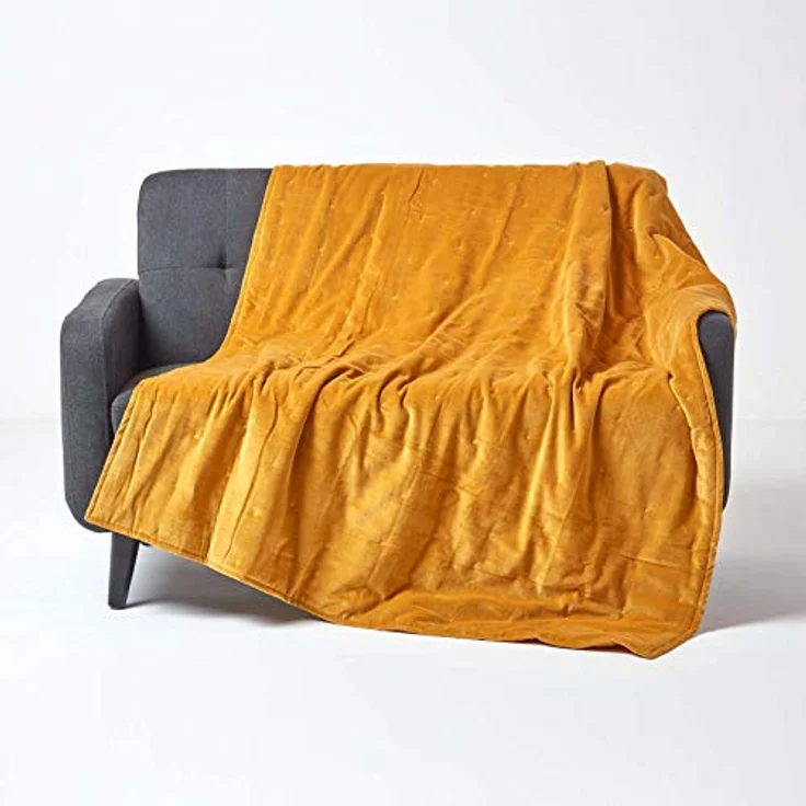 Homescapes Samt-Kuscheldecke, Dunkelgelb, 150x200 cm, Oeko-Tex® zertifiziert, Maschinenwaschbar, Flauschige Wohndecke mit Baumwoll-Oberfläche – Bild 1