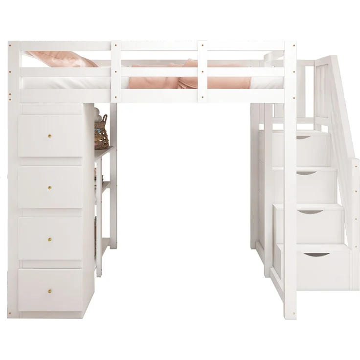 Kinder Hochbett aus Massivholz 140x200 cm mit Sicherheitsleiter, Schubladen & Regal – Stauraumbett, Jugendzimmer,weiß – Bild 5
