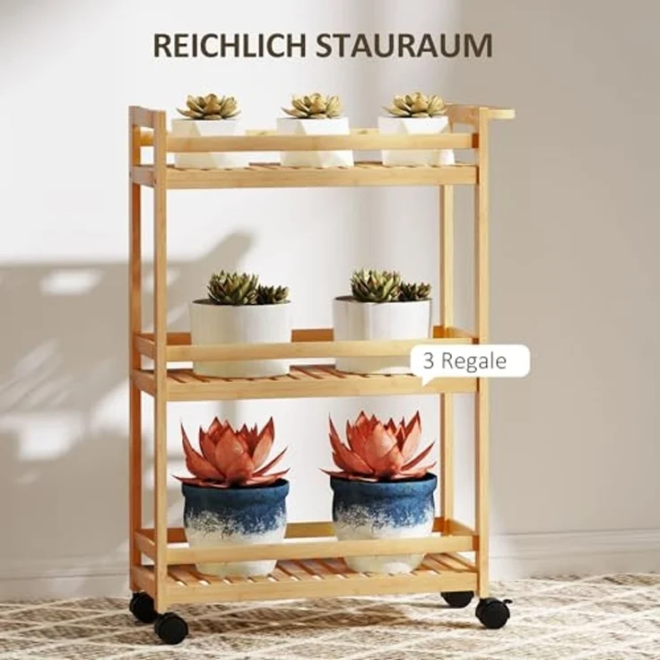 HOMCOM Servierwagen 3-stöckig, aus Bambus, mit Rolle, Griff, (Aufbewahrungswagen, 1 St, Küchenwagen), für Büro, Wohnzimmer, Küche, 55 x 20 x 75 cm, Naturholz – Bild 3