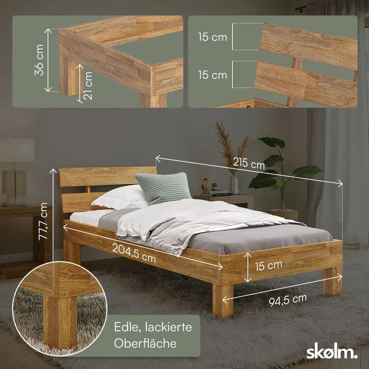 skølm 'Floki' Bett 90x200 cm, Bettgestell, natur geölt, Massivholzbett aus Eiche, Einzelbett mit Bettkopf – Bild 6