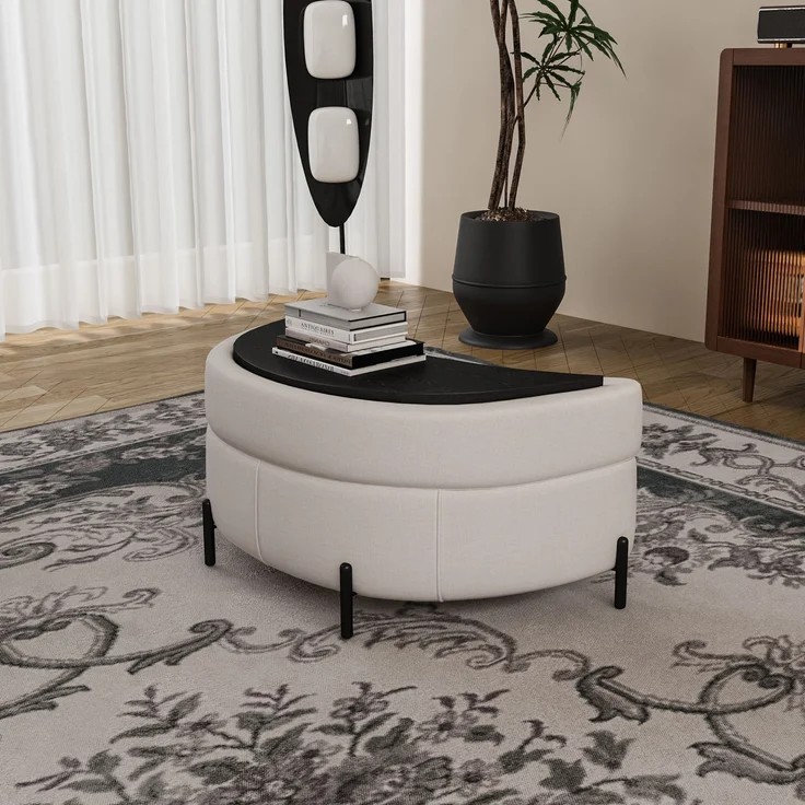Chenille-bezogener Halbmond- Ablagehocker mit Tablett, dient als Beistelltisch, gepolsterter Sitz, Ankleide- & Schuhhocker sowie Fußstütze für Wohnzimmer, Eingang & Flur, Beige--Beige--86x47.5x43cm--YOUDENOVA – Bild 3