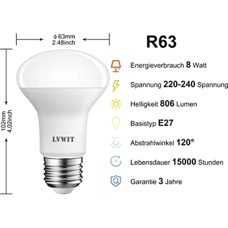 LVWIT LED Reflektor E27 R63, 806 lm, Warmweiß 2700K, 8W ersetzt 60W Glühbirne, matt (6er Pack) – Bild 4