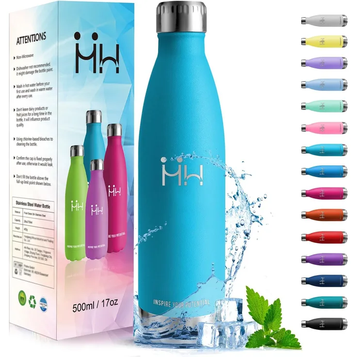 HoneyHolly Trinkflasche Edelstahl, Trinkflaschen Kinder, 500ML BPA-frei, Thermosflasche, Wasserflasche Doppelwandig, Trinkflasche Kohlensäure Geeignet, Water Bottle für Fitness, Gym, Fahrrad
