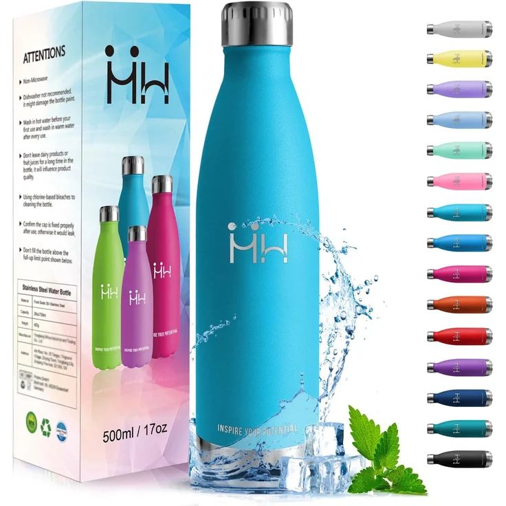 HoneyHolly Trinkflasche Edelstahl, Trinkflaschen Kinder, 500ML BPA-frei, Thermosflasche, Wasserflasche Doppelwandig, Trinkflasche Kohlensäure Geeignet, Water Bottle für Fitness, Gym, Fahrrad