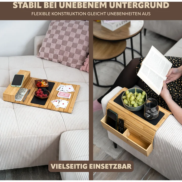 eluno Sofatablett mit Silikonablage und seitlichen Fächern, faltbare Ablage für Snacks, Handy uvm, Bambus – Bild 4