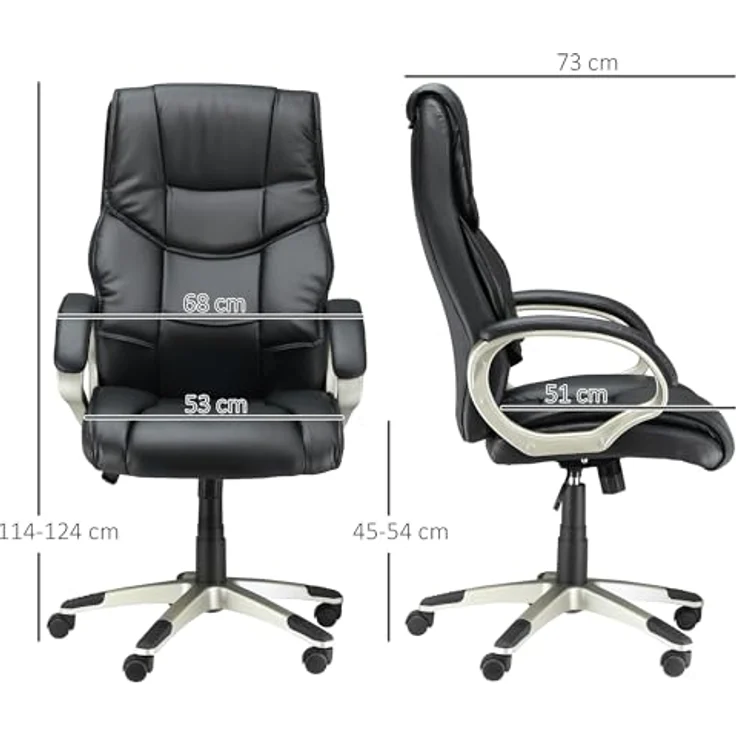 HOMCOM Bürosessel, Drehstuhl aus Kunstleder mit ergonomischer Rückenlehne, schwarz, 58x124x70 cm, höhenverstellbar – Bild 3