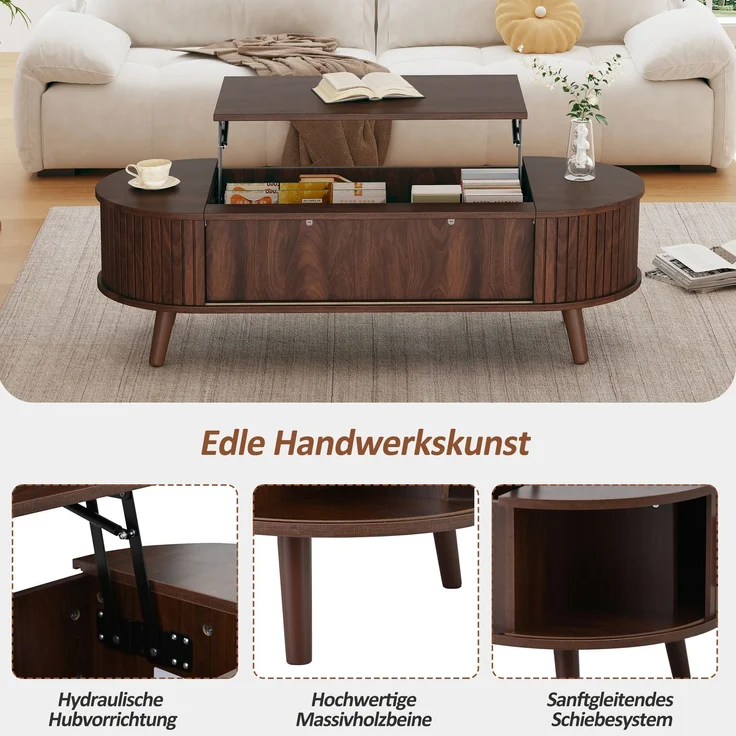 Abrihome Anhebbarer Couchtisch mit Stauraum und 5 Ablageflächen, Braun, 39x50x120 cm – Bild 7