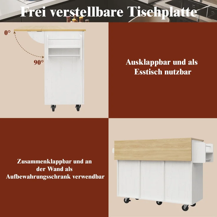 Kücheninsel Weiß klappbarer Küchenwagen mit multifunktionalem Stauraum mit Holzmaserung, Zinkgriffe, verstellbare Schränke – Bild 5