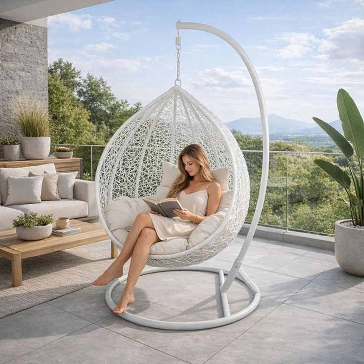 Hängesessel mit Gestell Rattan Korb Hängekorb Polyrattan Gartensessel Weiß – Bild 1