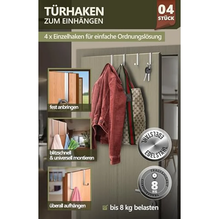 4smile Türhaken zum Einhängen, 4er Set - Edelstahl Kleiderhaken für Tür oder Schrank, vielseitige Haken zum Einhängen - Türgarderobe mit hoher Tragkraft, stabile Türhakenleiste – Bild 3