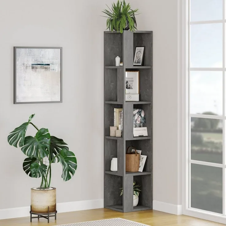 Decortie Bücherregal Piano, Modernes Eck-Bücherregal Vitrine, 31,4 x 31,4 x 158,9 cm