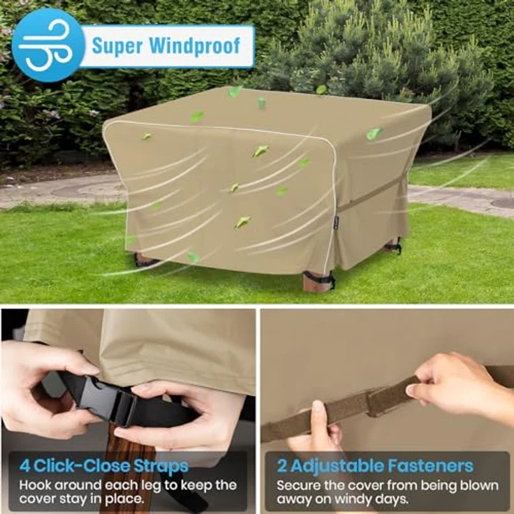 Velway Gartenmöbel Abdeckung Wasserdicht 125 x 125 x 74 cm - Winddicht Schutzhülle mit Reflektierender Streifen 600D Oxford Möbelsets Abdeckung Staubfest Abdeckhauben für Gartentisch Sitzgruppe Khaki – Bild 6
