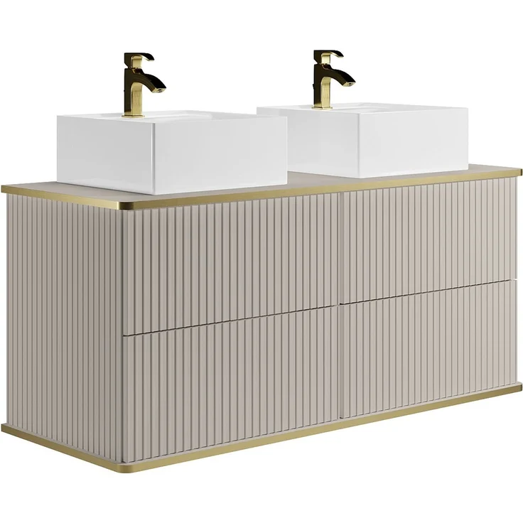 Vente-unique - Waschbeckenunterschrank hängend mit Rillenoptik und Goldrand mit Aufsatzwaschbecken - Beige - 150 cm KELIZA – Bild 4