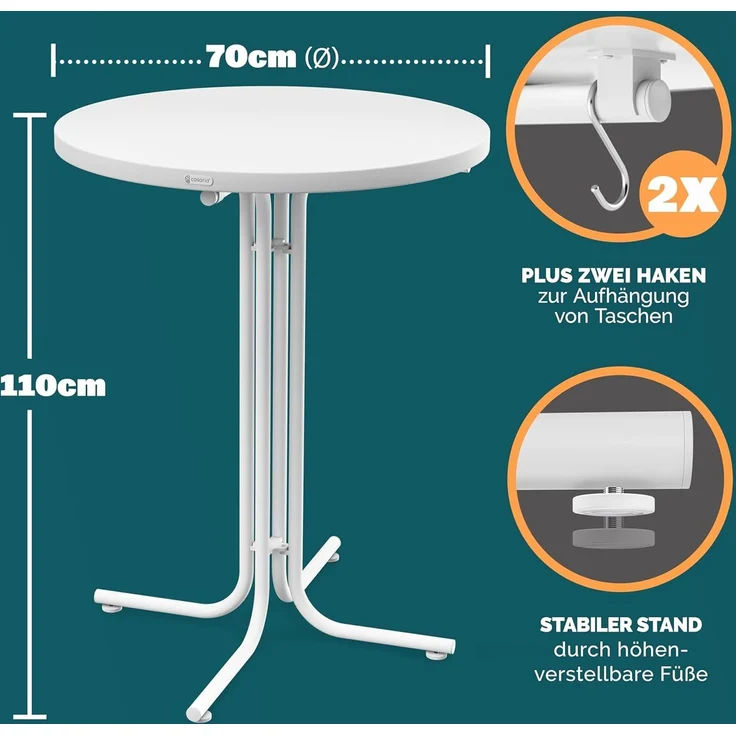 Casaria® Stehtisch Ø 70 cm Klappbar Rund Stabil Garten Hoch Holz pulverbeschichtet Metall Hochtisch Bistrotisch Partytisch Bartisch Biertisch Weiß – Bild 2