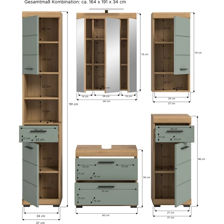Xonox Scout Badkombination (B/H/T: 164x191x34 cm) in Salbei und Artisan Eiche Nachbildung – Bild 4