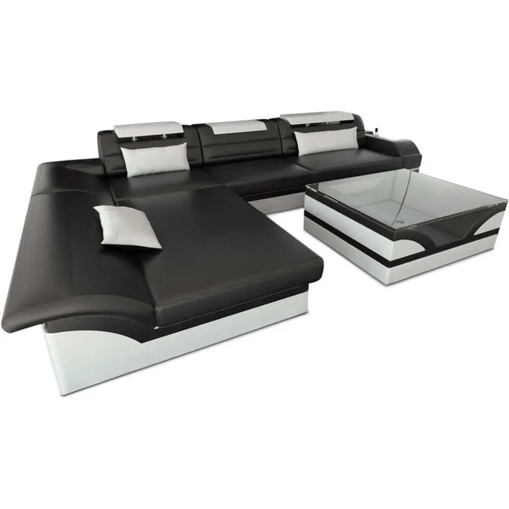 Mini Couch Monza Eleganz L Form in Leder - Ledermix - schwarz-weiß - Links