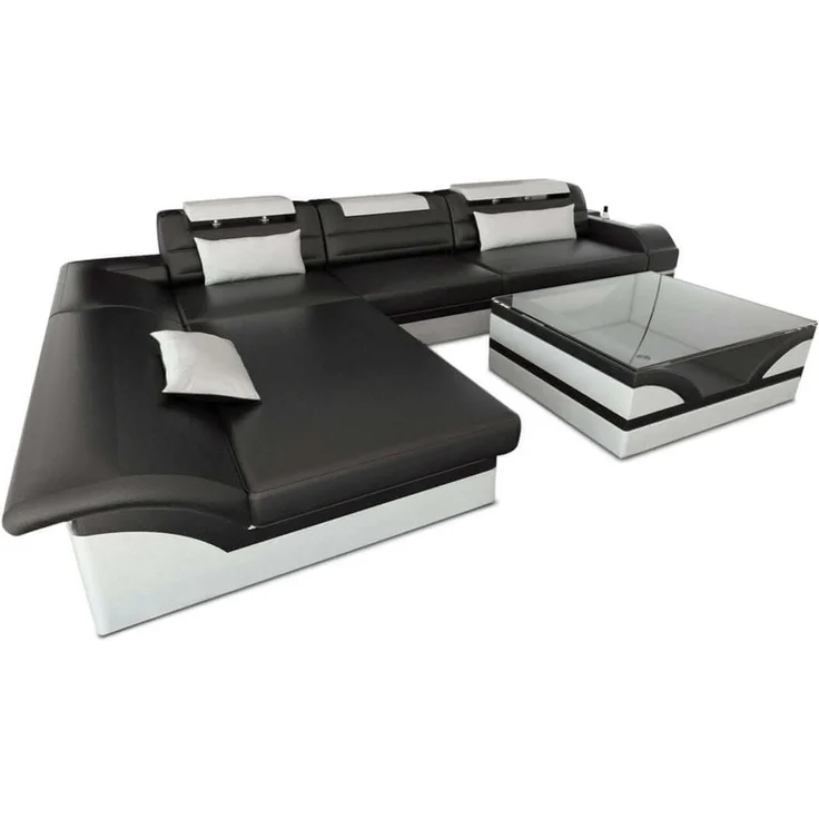 Mini Couch Monza Eleganz L Form in Leder - Ledermix - schwarz-weiß - Links – Bild 1