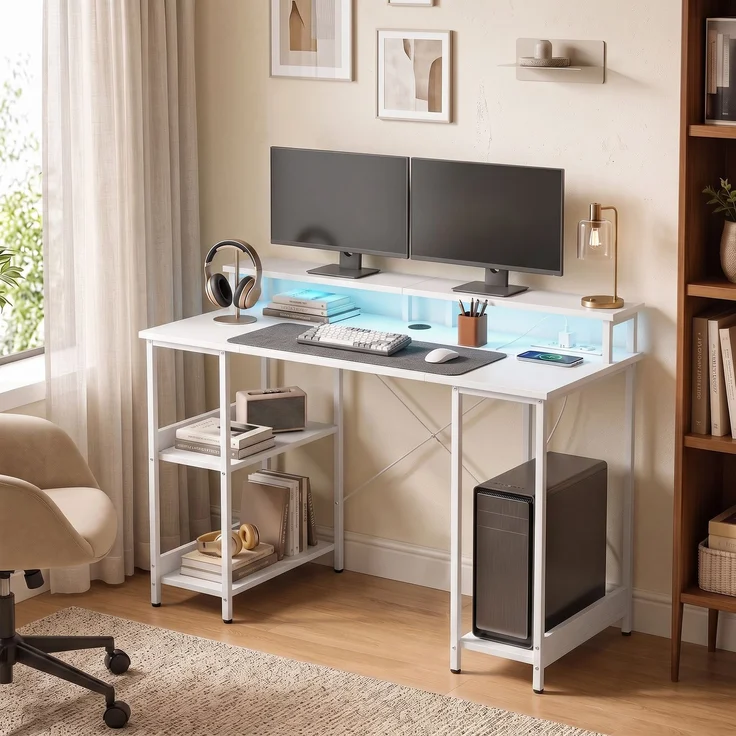 Wendbarer Computertisch mit Ablagen, 120 x 50 cm, mit Steckdosen und LED-Beleuchtung, Weiß in Holzoptik – Bild 10