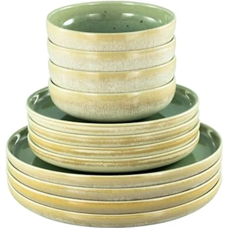 Creatable Tafelservice Uno Emiliana, 12-teilig, creme und grün, keramisch, mit Blumenmotiven, lebensmittelecht und stapelbar – Bild 2