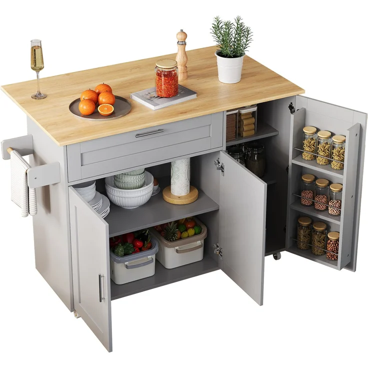 L132.5*B44(70)*H90cm großer mobiler Küchentisch, Arbeitsplatte klappbar, Eiche Maserung, multifunktionaler Schrank, Gewürzregal, Handtuchhalter, 5 Rollen, geeignet für Küche/Essen/Haus – Bild 4