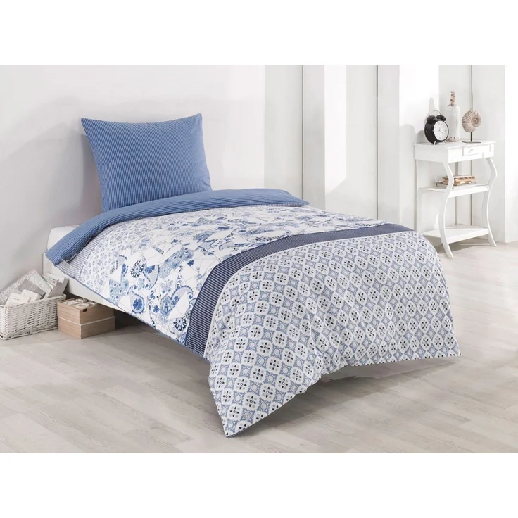 Buymax Bettwäsche Wendebettwäsche, Bettbezug-Set, 100% Baumwolle Renforce, 2 teilig, 135x200 cm, Reißverschluss, hochwertig, Blau, Weiß – Bild 3