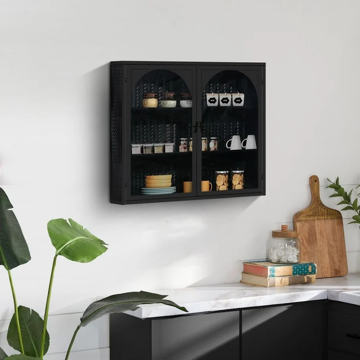 FANNOU Hängeschrank mit dreistufiger Lagerung, 70 x 60 x 23 cm Glastüren Moderner zweitüriger Wandschrank für Eingangsbereich, Küchen – Bild 2