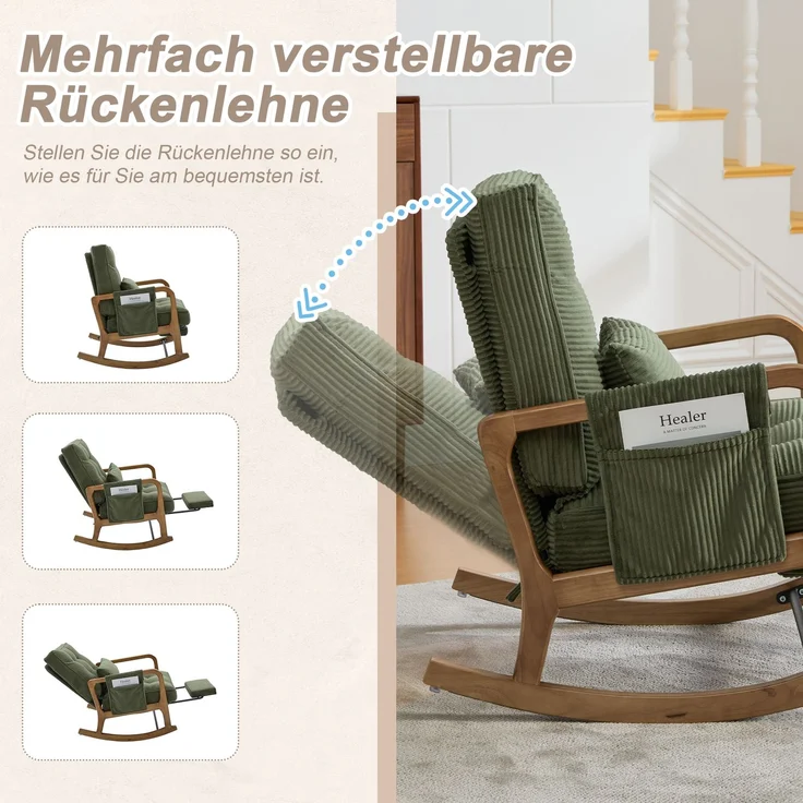 LVHOM Schaukelstuhl mit ausziehbarer Fußstütze, Relaxsessel mit verstellbare Rückenlehne, Loungesessel mit Seitentasche, bis 150 kg belastbar, Grün – Bild 4