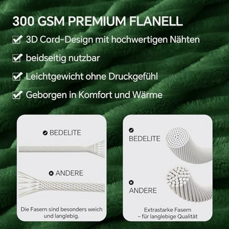 BEDELITE Kuscheldecke Flauschig Decke 150x200 - weiche XL Flanell Decken Grün für Couch, Deko Streifen Cord Fleecedecke Dunkelgrün als Couch Überwurf für Wohnzimmer, Twin Blanket Wide Use – Bild 5
