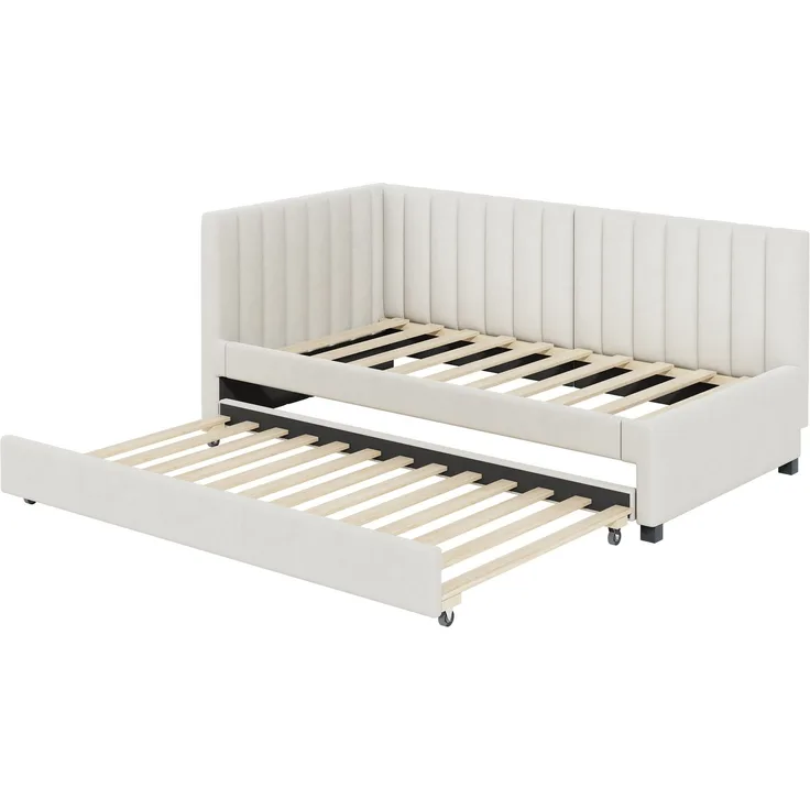 Polsterbett, 90 x 200, Ausziehbares Schlafsofa, Multifunktionsbett mit Lattenrost, Jugendbetten Kinderbetten Gästebetten, Samtstoff, Beige, 90 x 200 cm