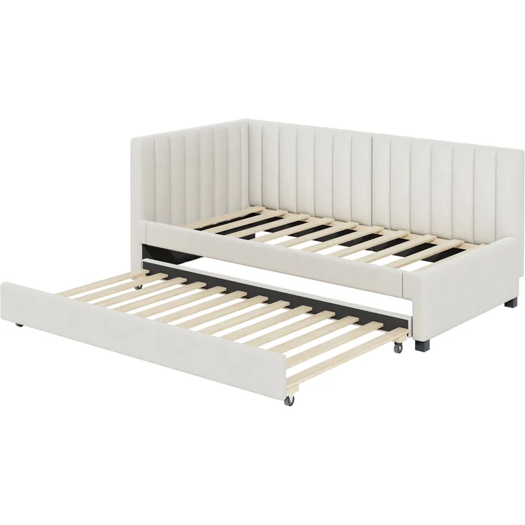 Polsterbett, 90 x 200, Ausziehbares Schlafsofa, Multifunktionsbett mit Lattenrost, Jugendbetten Kinderbetten Gästebetten, Samtstoff, Beige, 90 x 200 cm – Bild 1