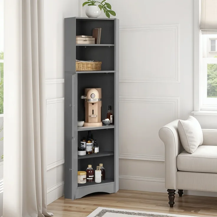 Kommode 36,5x36,5x155 cm, platzsparender Badschrank mit offenen Fächern, feuchtigkeitsresistent, grau