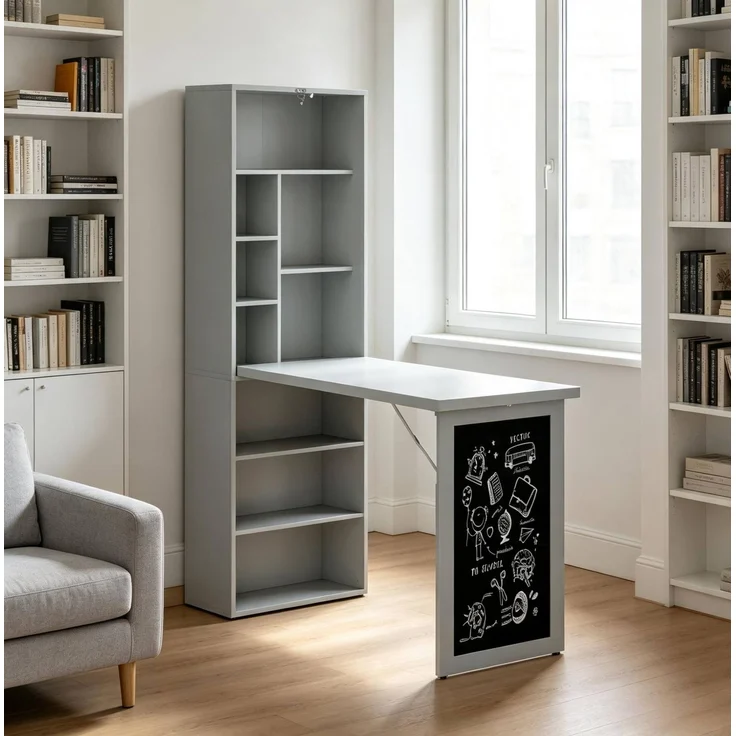 Klappschreibtisch aus MDF mit 9 Fächern und Tafel, 98x51x153 cm, Schwarz/Dunkelgrau – Bild 3