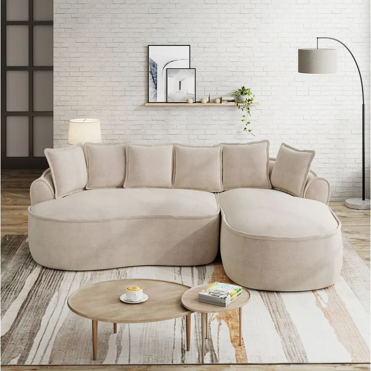 Modulares Sofa aus Chenille mit Chaiselongue, tiefe Sitzfläche, 252 x 164 x 67 cm, Hellbraun