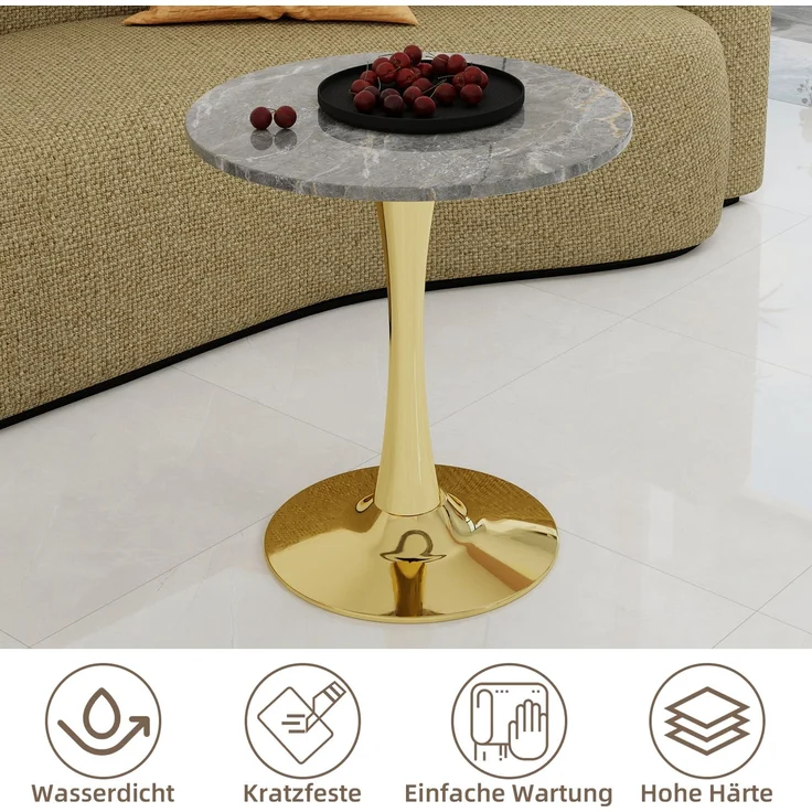 Novelux Couchtisch Gold Runder Esstisch Marmoroptik Dunkelgrau, Mid-Century Tisch 70cm für 2-4 Personen, Kaffeetisch Wohnzimmertisch – Bild 5