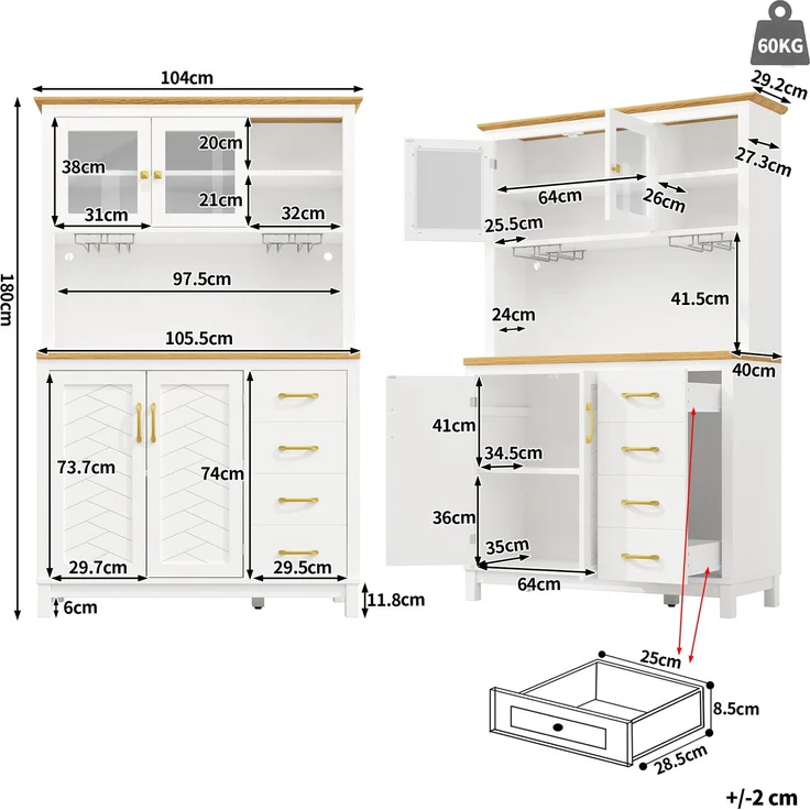 EINHOM Seitenboard / Aufbewahrungsschrank / Küchenschrank / Buffetschrank, 105.5 x 40 x 180 cm, Landhausstil, 4 Türen, mit LED-Lichtleiste & Getränkehaltern, Grün/Schwarz/Weiß, Weiß – Bild 2