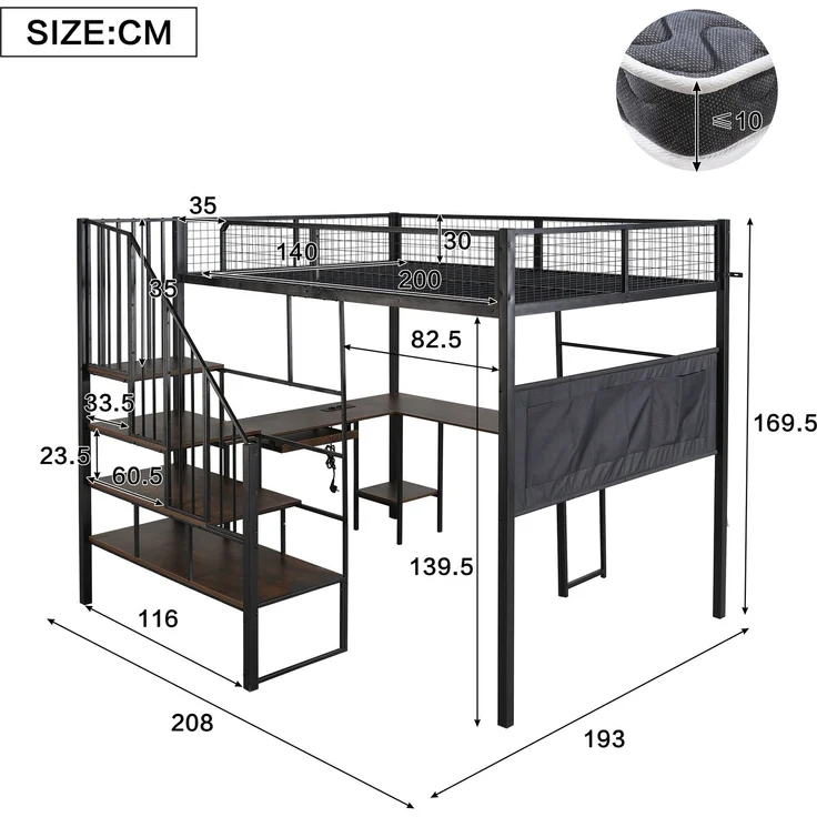EINHOM Metallbett 140 x 200 cm in Schwarz, Hochbett mit L-förmigem Eckschreibtisch, Treppe, Tastaturauszug, Ladeanschluss und seitlicher Stofftasche (Ohne Matratze) – Bild 2