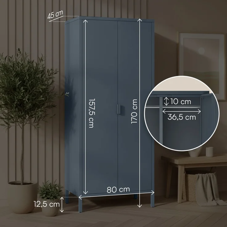 skølm 'Ituri' Kleiderschrank, Metall, 170x45x80 cm, anthrazit, Garderobe mit 4 Fächern und 2 Kleiderstangen – Bild 6