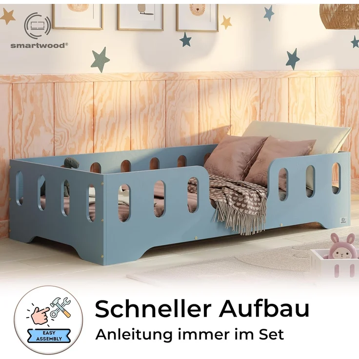smartwood Kinderbett Bodenbett 80x200 mit Rausfallschutz & Lattenrost - Blau - Kinder Montessori Bett TILA 2 mit glatten Kanten - Betten für schnelle Montage - Bis 230 kg belastbar – Bild 4