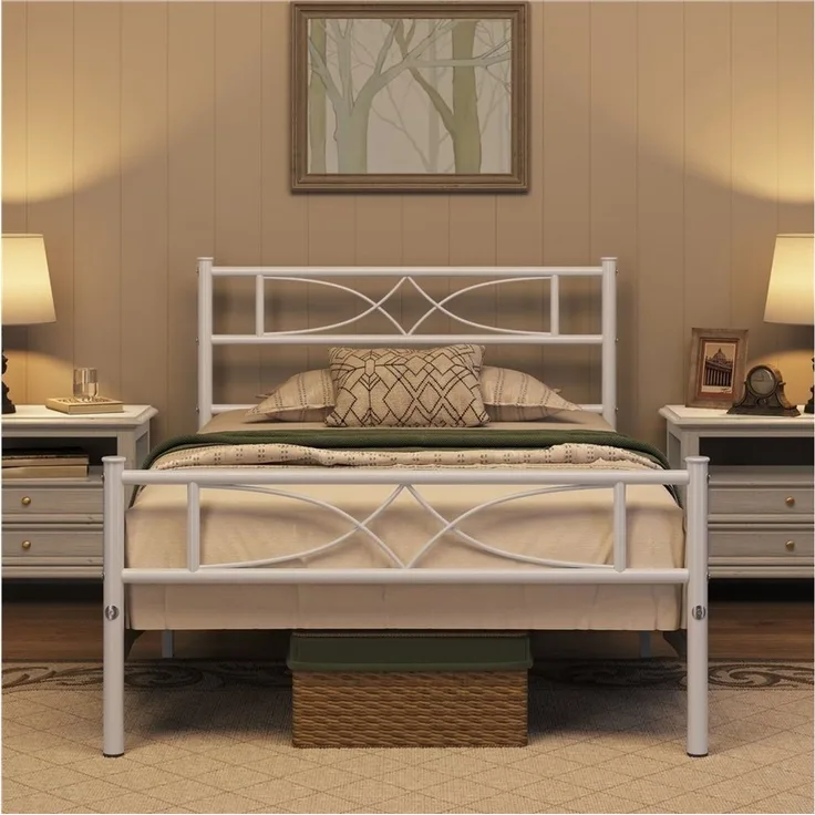 Yaheetech Metallbett Bettgestell, Bettrahmen mit Kopfteil Gästebett mit Lattenrost für Schlafzimmer, Metall Weiß, 90 x 200 cm