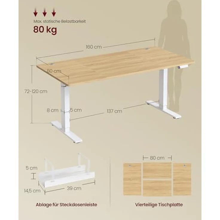 VASAGLE Höhenverstellbarer Schreibtisch, 160x80 cm, USB-C-Anschluss, Ablage für Steckdosenleiste, Stehtisch, Erinnerung bei langem Sitzen, 3 Speichertasten, für Büro, goldeichenfarben LSD146YA02 – Bild 3