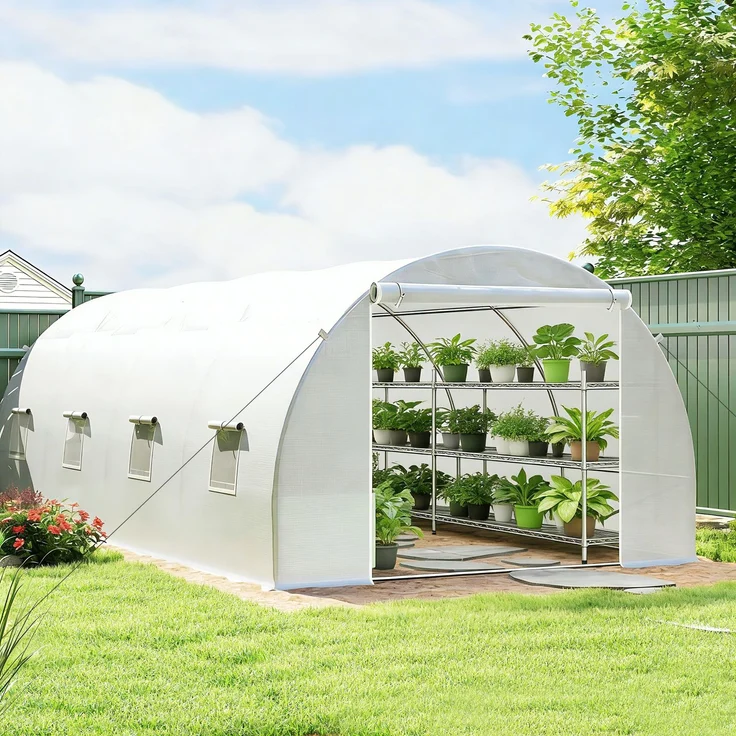 MELAYR, Tunnelgewächshaus, 6 x 3 x 2 m, Terrassengewächshaus mit 8 Fenstern, 140 g/m², Rahmen aus weißem Stahl, Weiß – Bild 4
