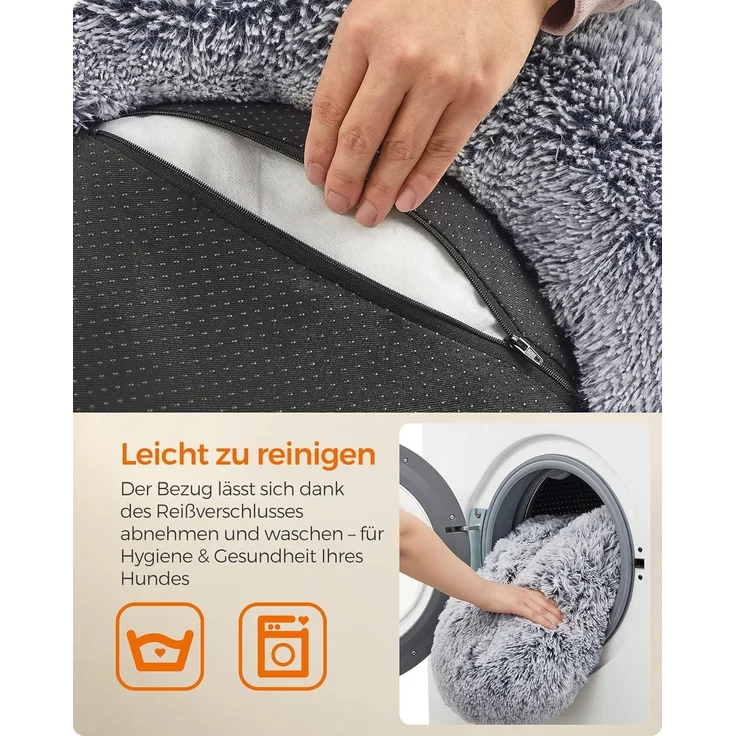 Feandrea Hundebett flauschig, Katzenbett, Donut Kissen, waschbar, Polsterung in der Mitte herausnehmbar, langer Plüsch, 60 cm Durchmesser, Ombré-Grau – Bild 4