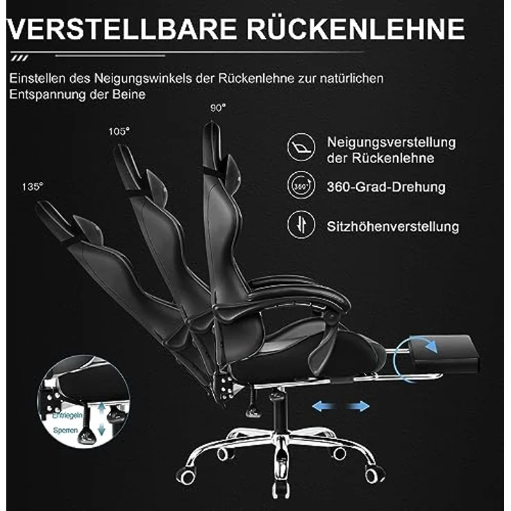 GTPLAYER Bürostuhl Gaming Stuhl Massage Gaming Sessel Ergonomischer Gamer Stuhl mit Fußstütze, Kopfstütze Massage-Lendenkissen, Gepolstert Gaming Chair, Drehsessel schwarz – Bild 7