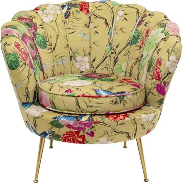 Kare Design Sessel Lily Gold Flower Fever, Gelb, 77 x 85 x 78 cm, Relaxsessel, Blumenmotiv, Samtoptik, Wohnzimmer