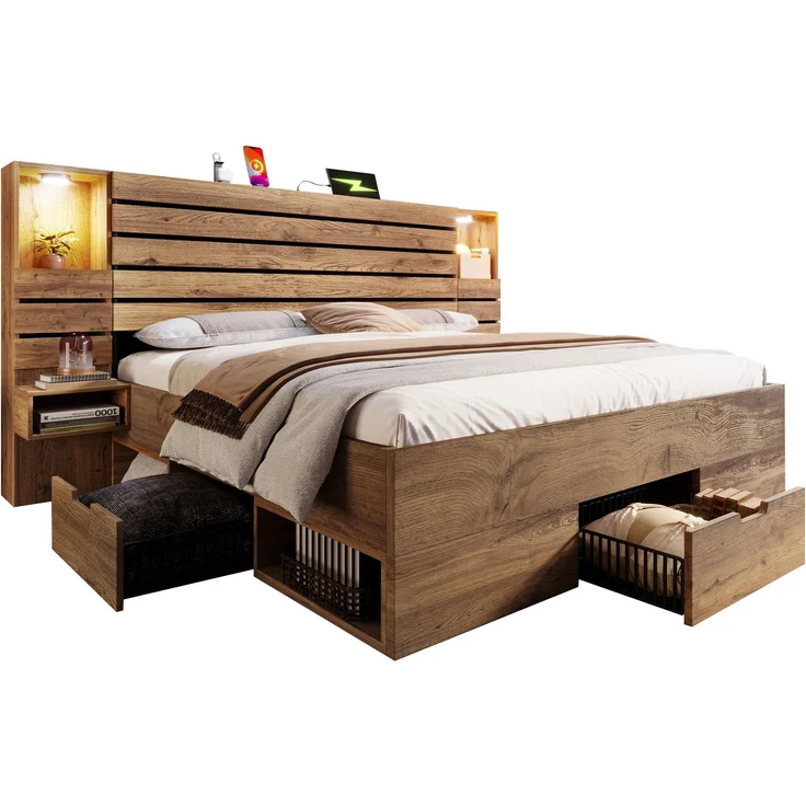 Holzbett Doppelbett 160×200cm Eichenoptik mit LED-Downlights, integrierter USB & Type-C Ladestation, beleuchtete Nische, schwebende Nachttische, Unterbett-Schubladen Stauraum, stabiler Metallrahmen ohne Matratze – Bild 2