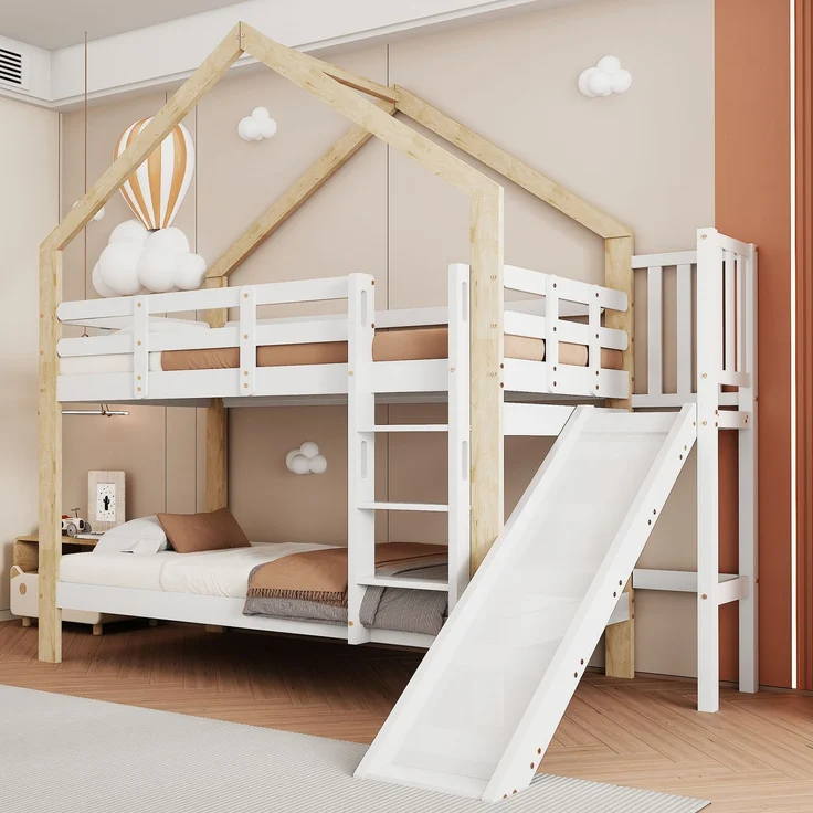 Haus-Etagenbett Kinder 90x200 Rutsche Leiter Kiefer Holz Spielbett,Weiß & Natur – Bild 5