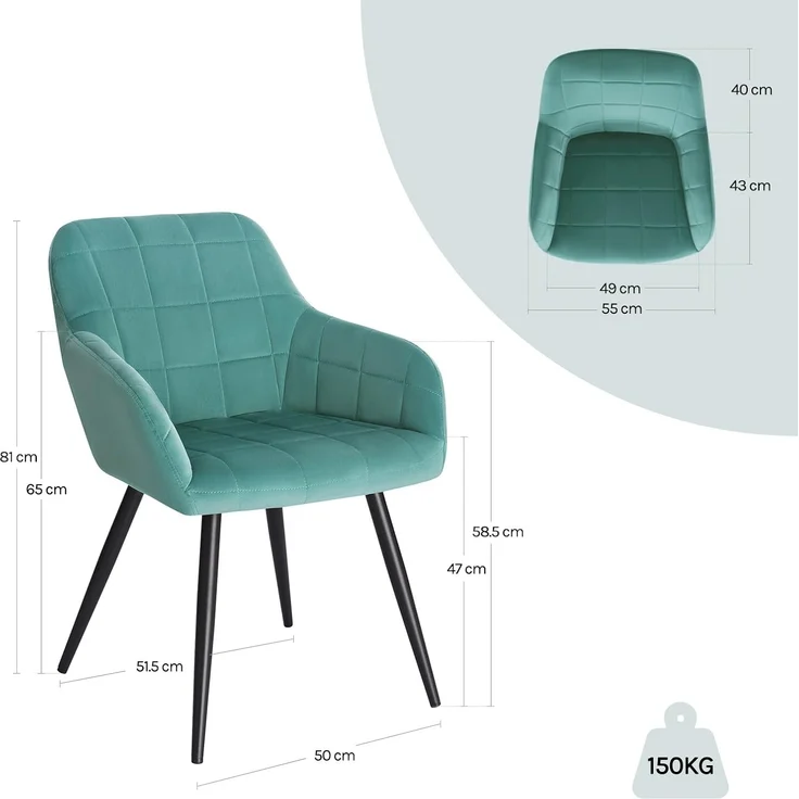 WOLTU 4 x Esszimmerstühle 4er Set Esszimmerstuhl Küchenstuhl Polsterstuhl Design Stuhl mit Armlehnen, mit Sitzfläche aus Samt, Gestell aus Metall, Türkis, BH93ts-4 – Bild 3